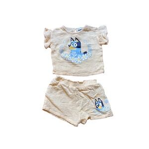 Bluey Shorts Set Kids Yellow Excellent Cotton Gauze Flutter Sleeve SIZE 2T